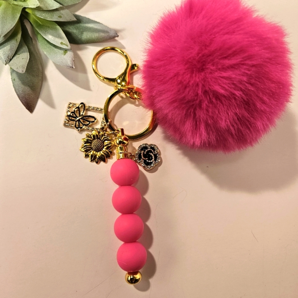 Hot pink  chunky  charm gold keychain/ purse  rhinestone pom pom